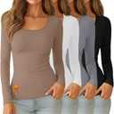 Velvelhall 4 Pack Women's Thermal Shirt Fleece Lined Long Sleeve Scoop Neck Top Undershirt Fitted Winter Base Layer Underwear(Black, White, Light Coffee, Light Mixed Gray, Small)