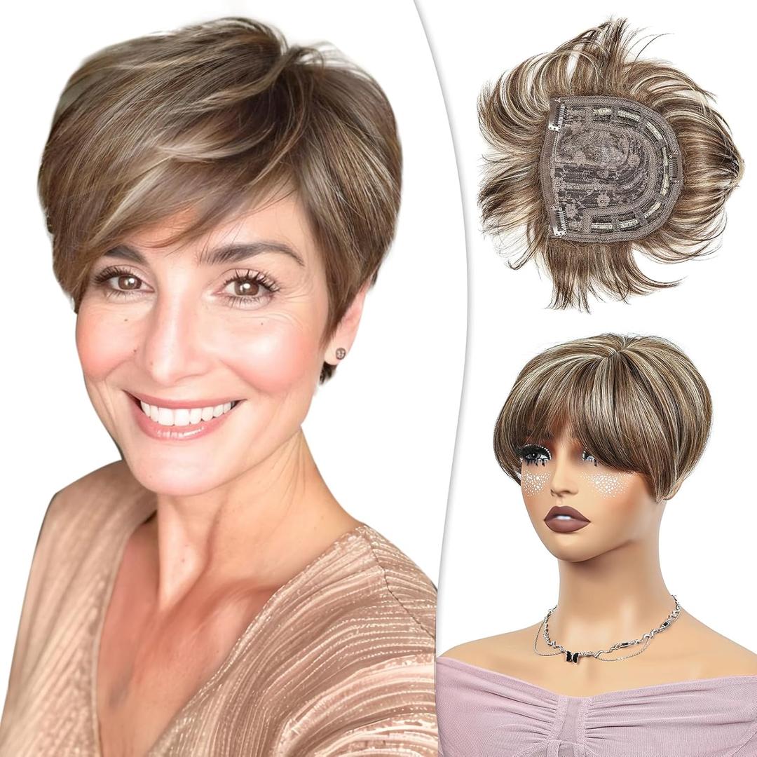 PHOCAS Short Hair Toppers for Women with Thinning Hair Magic Pixie Cut Topper Hair Piece Natural Synthetic Highlight Brown Toppers for Hair Loss Women Daily Use