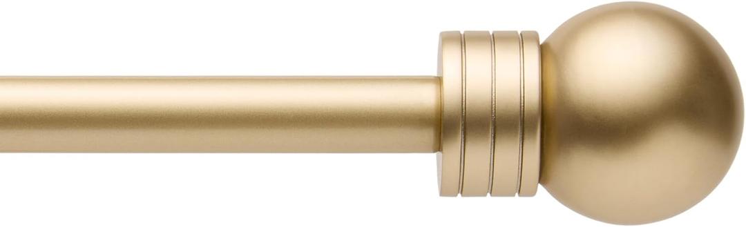 TOWN & COUNTRY BASICS Modern Sphere Single Indoor Curtain Rod and Finial Set, Easy Install Wall Mount, Matte Gold, Adjustable 36”-72”