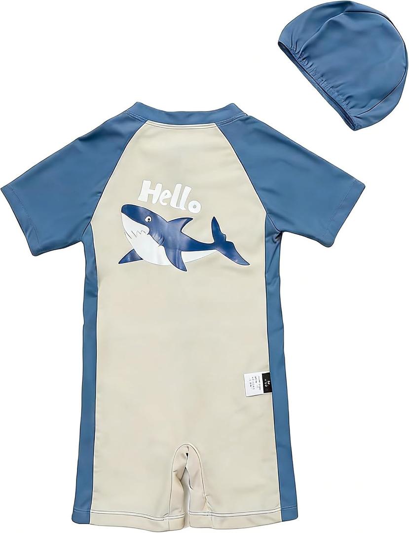 Kids-Boys One-Piece Shark-Swimsuit UPF 50+ Sun-Protection Short-Sleeve Zip-Up Rash-Guard Bathing Suit Swimwear