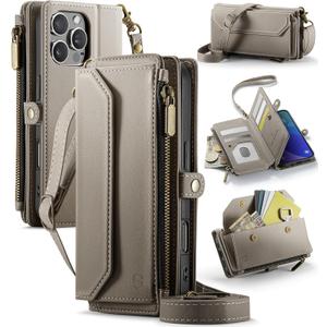Wallet Case Compatible with iPhone 16 Pro 6.3" RFID Blocking 10-Card Holder Soft PU Leather Magnetic Snap Shoulder Strap Zipper Pocket Phone Case Fit for iPhone 16 Pro for Women - Grey