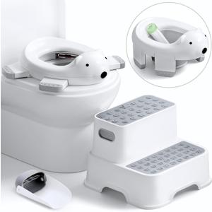 Baby Potty Training Seat with Step Stool, Potty Training Toilet for Baby to Toddler with Trash Bags and Spout Extender, Kids Portable Potty and Step Stool Set (Combo Pack)