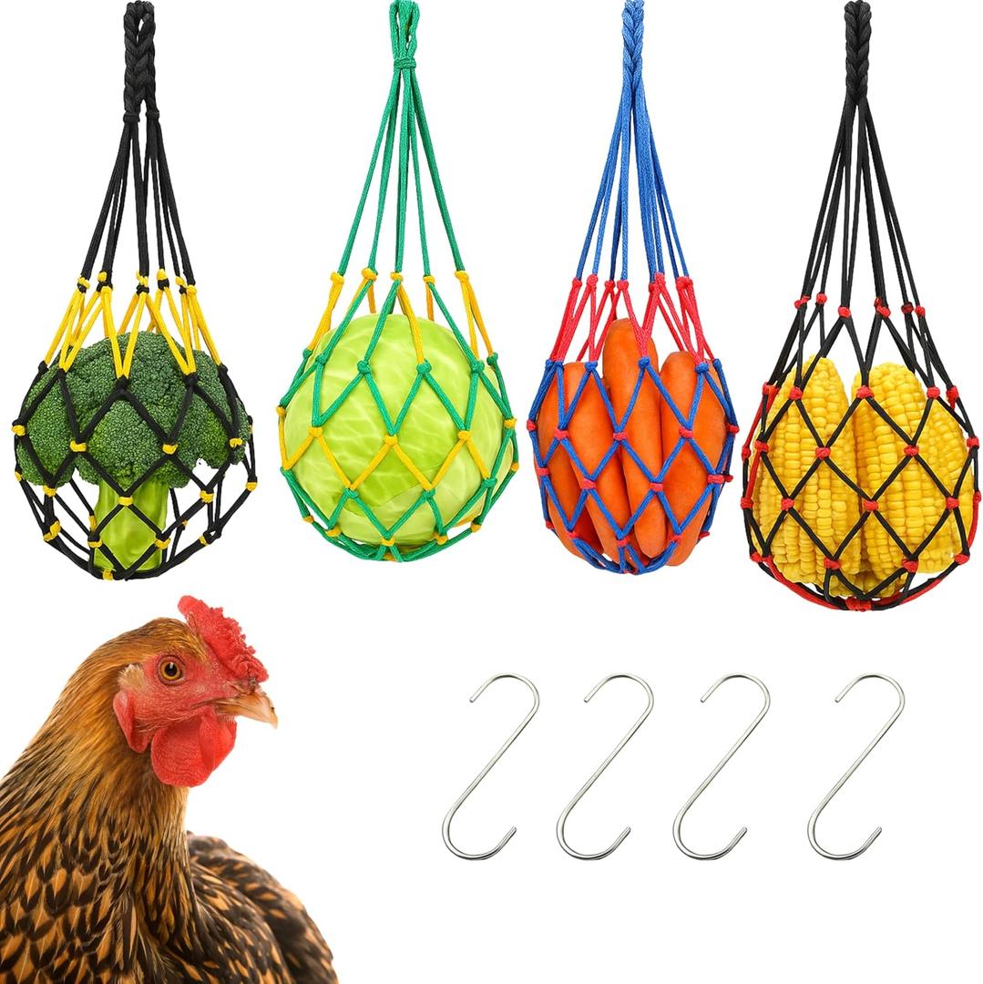 4PCS Chicken Vegetable Hanging Feeder Treat Holder, Chicken Treat Holder, Hanging Chickens Feeder Bags, Food Net Poultry Feeding Toy, Chickens Coop Accessories (4 Bags)