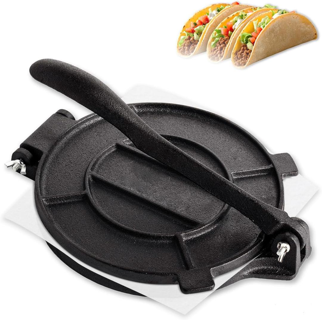 Cast Iron Tortilla Press 12 inch, Heavy Duty Tortilla Pataconera, Flour Tortilla Press with Foldable Handle, Taco press with Some Parchment Paper, Roti Maker, Black