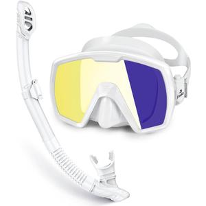 Freela Dry Snorkel Set for Adults, Scuba Diving Mask with Nose Cover, Anti-Fog 180 Wide View Mirrored Lens Snorkeling Gear for Men Women
