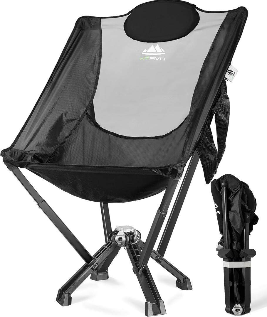 Folding High Back Camp Chair with Headrest Pillow, Widened Aluminum Frame Support 600 LBS, Oversized Portable Outdoor Lounge Patio Chair Mesh Back for Camping, Beach, Poolside, Backyard, Garden (Black)