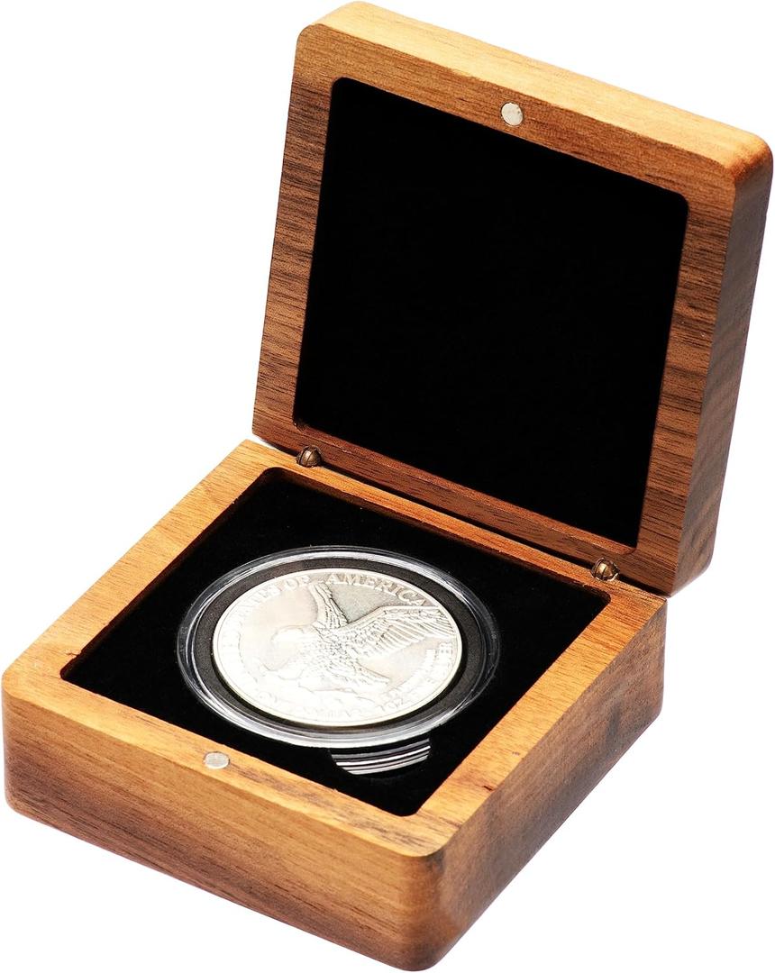 Single Walnut Wood Challenge Coin Presentation Display Box Storage Case Square 8cm and Plastic Coin Capsules with Adjustable Gasket