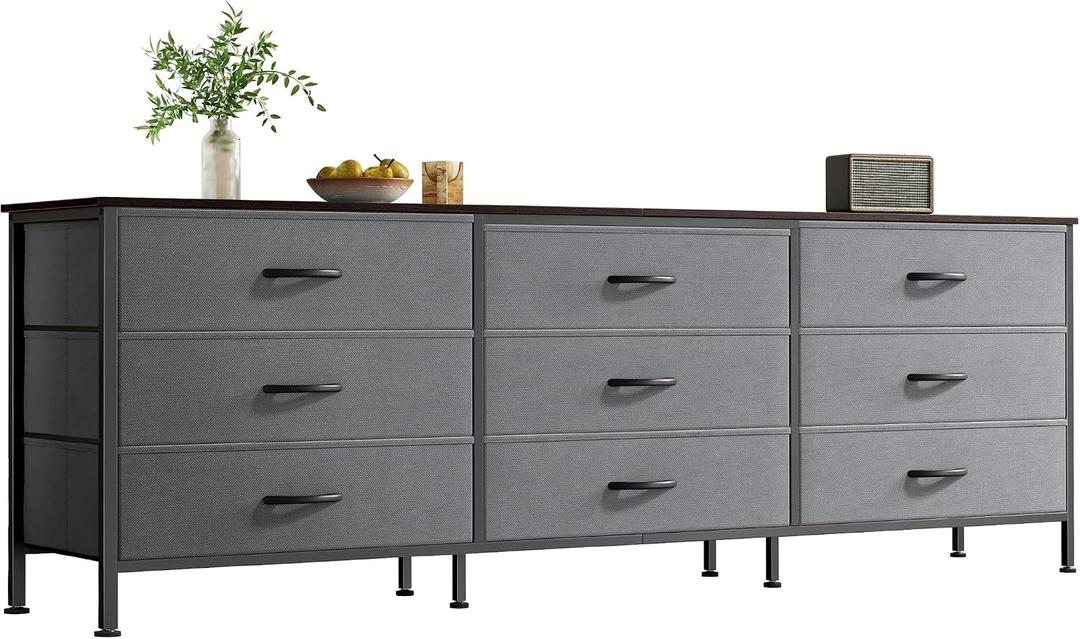 Huuger 63 Inch Dresser for Bedroom, Dresser for Closet with 9 Fabric Drawers, Large TV Stand for 55, 65, 70 Inch TV, Entertainment Center with Storage, Wide Long Chest of Drawers, Walnut and Dark Grey, 13.8"D x 63"W x 26.8"H
