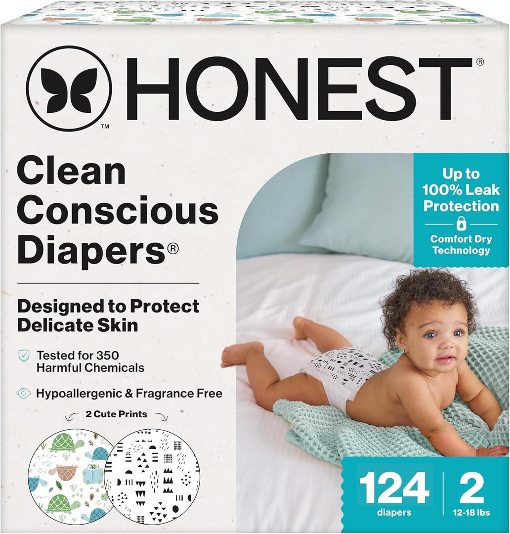 The Honest Company Comfort Dry Disposable Daytime Diapers for Sensitive Skin, Hypoallergenic, Barnyard Babies + Pattern Play, Super Club Box Size 2 (1218 lbs), 124 Count