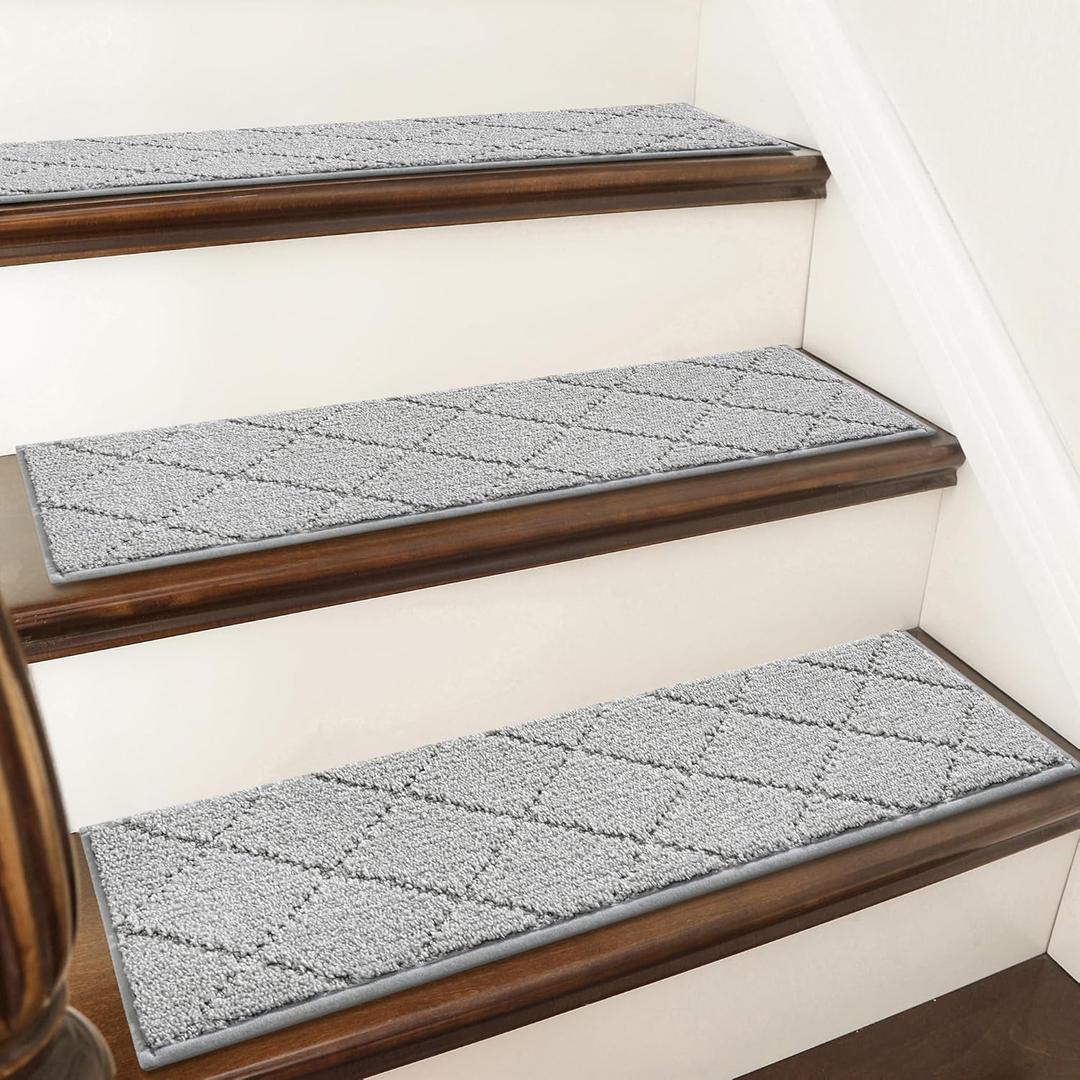 COSY HOMEER Edging Stair Treads Non Slip Carpet Mat 28inX9in Indoor Stair Runners for Wooden Steps, Edging Stair Rugs for Kids and Dogs, 100% Polyester TPE Backing (10pc, Grey)