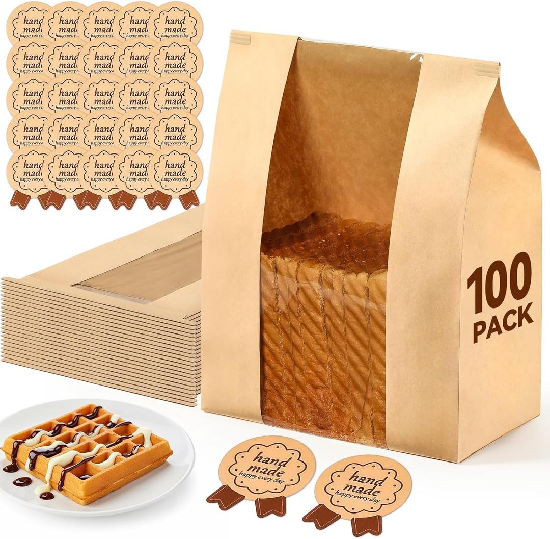 AOZITA 100 Pack Paper Bread Bags with Tin Tie Lock & Clear Window - Large Bakery Bags for Homemade Sourdough Bread, Cookies, Snacks Storage 14"x8.3"x3.5" Includes Seal Stickers