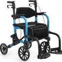 Foldable Rollator Walker with Seat for Seniors,Lightweight 2-in-1 Rolling Walkers and Wheelchair Combo with Adjustable Handle Height,Transport Chair with Brakes 300 lbs Weight Capacity Blue-all Terrain(10" Front and 8" Rear Wheels)