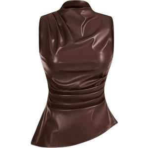 MakeMeChic Women's PU Leather Tank Top Mock Neck Y2k Ruched Party Sleeveless Leather Tops (Large, Coffee Brown)