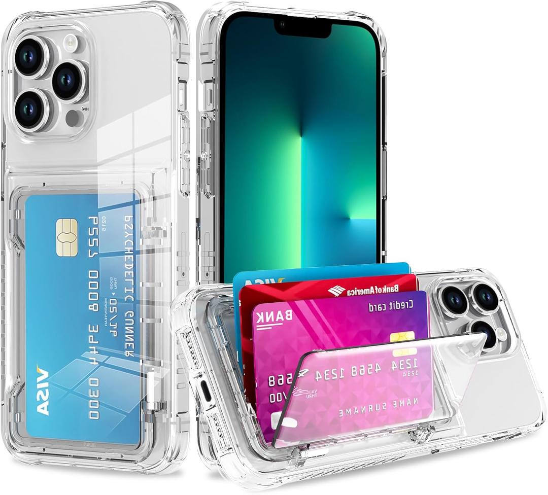 Wallet Case for iPhone 14 Pro with 3 Credit Card Holder Slot Shockproof Hybrid Heavy Duty Protection Transparent Phone Cover (Clear)