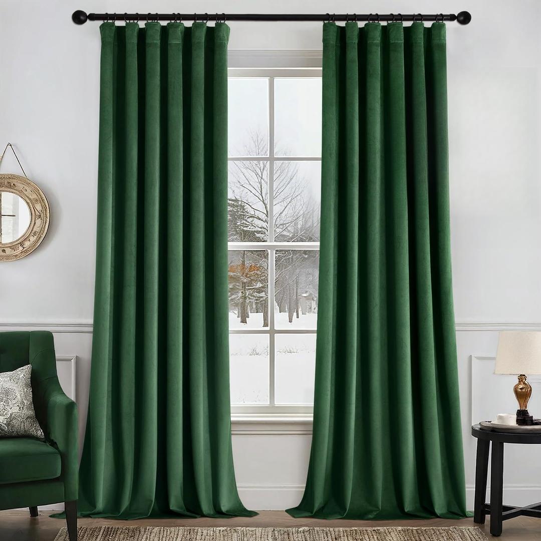 MIULEE Christmas Velvet Curtains 108 Inch Length 2 Panels Set for Bedroom Pinch Pleat Back Tab Luxury Thermal Insulated Living Room Darkening Pleated Blackout Extra Long Drapes with Hook Emerald Green