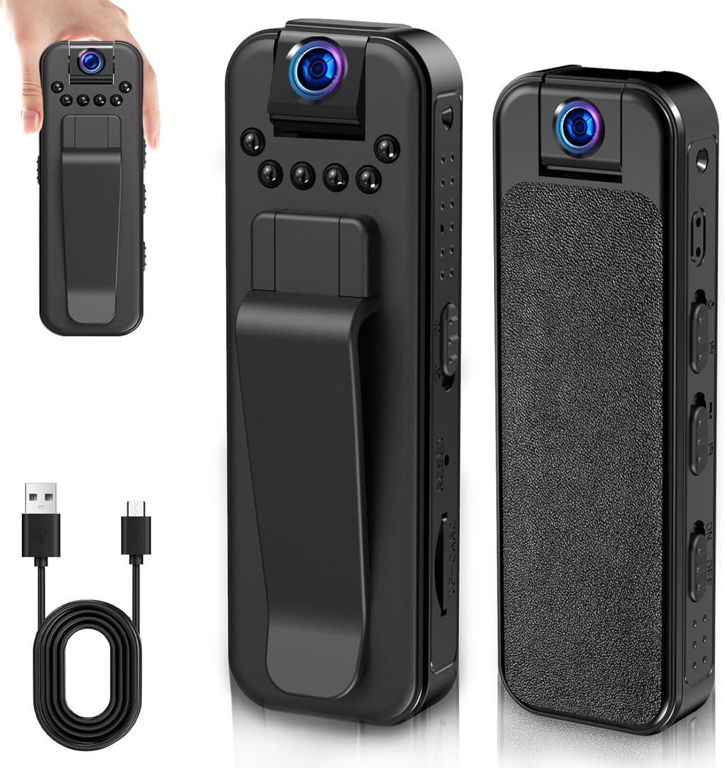 Body Camera HD 1080P Mini Video Recorder with Night Vision Wearable Camcorder with 180 Rotatable Lens and Sturdy Clips Security Cam for Home, Outdoor, Cycling, Delivery