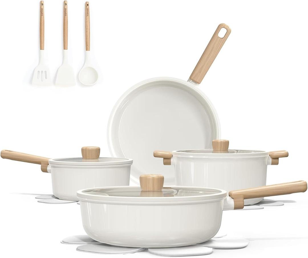 CAROTE 14Pcs Nonstick Ceramic Cookware Set, Non Toxic Cookware PFAS/PFOA Free, Cream White Pots and Pans Set Non Stick, Kitchen Cooking Pan Set, Large Capacity