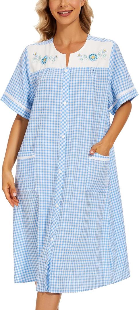 YOZLY House Dress Womens Embroidered Housecoat Short Sleeve Duster Robe with Pockets Plaid Blue, XXX-Large