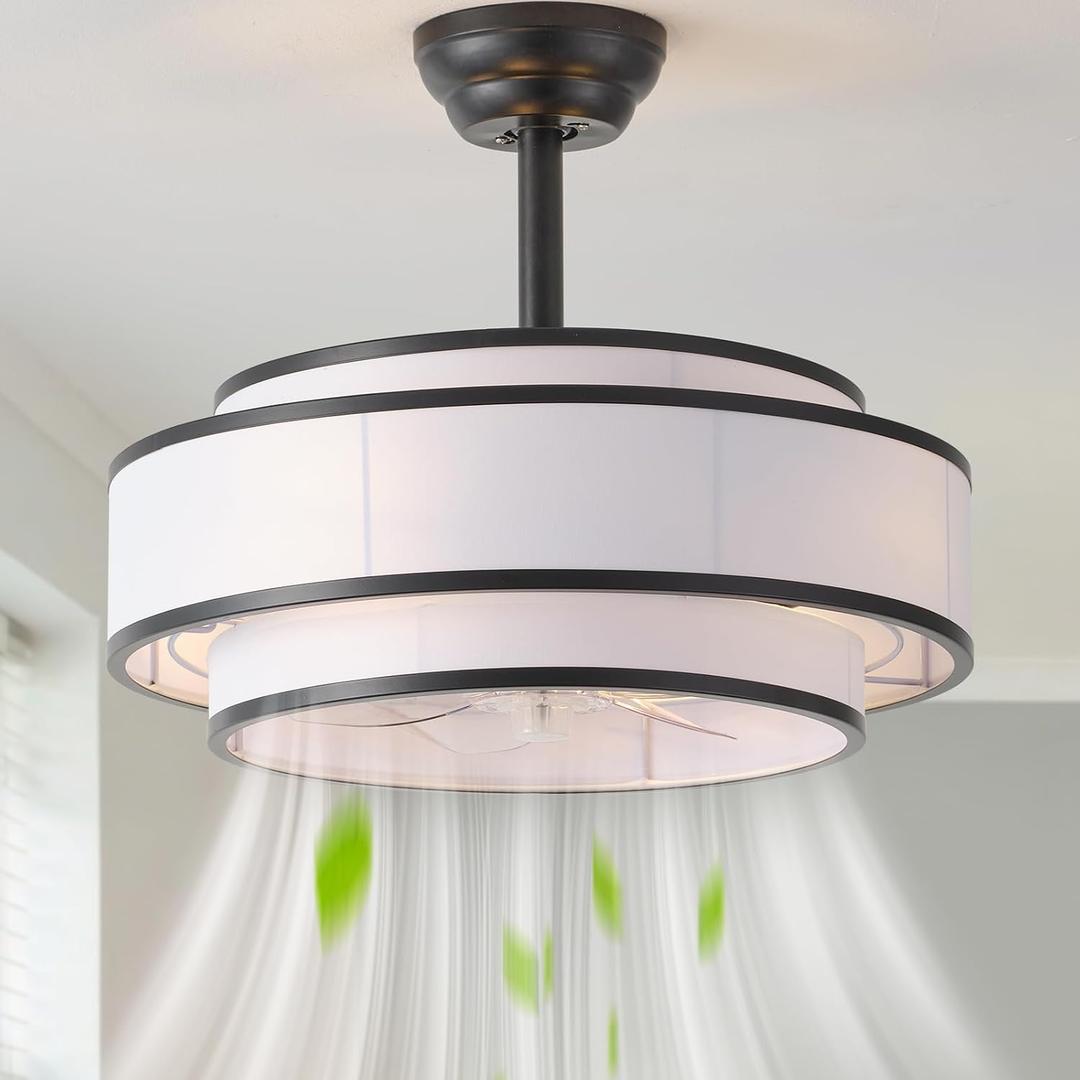 20" Caged Ceiling Fans with Lights and Remote, Fandelier Ceiling Fan with Light, Modern Bladeless Quiet Reversible Motor 6 Speeds for Bedroom, Nursery, Living Room, Black