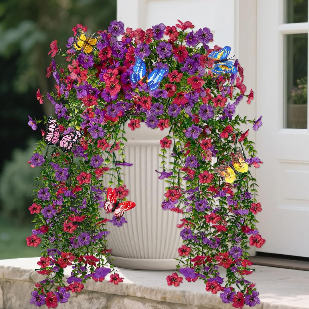 2 Packs Outdoor Artificial Hanging Flowers with 3D Magnetic Butterflies, UV Resistant Faux Silk Blooms for Spring Summer Porch Patio Balcony Decor, Violet & Red (With 8 PCS Simulated Butterflies)