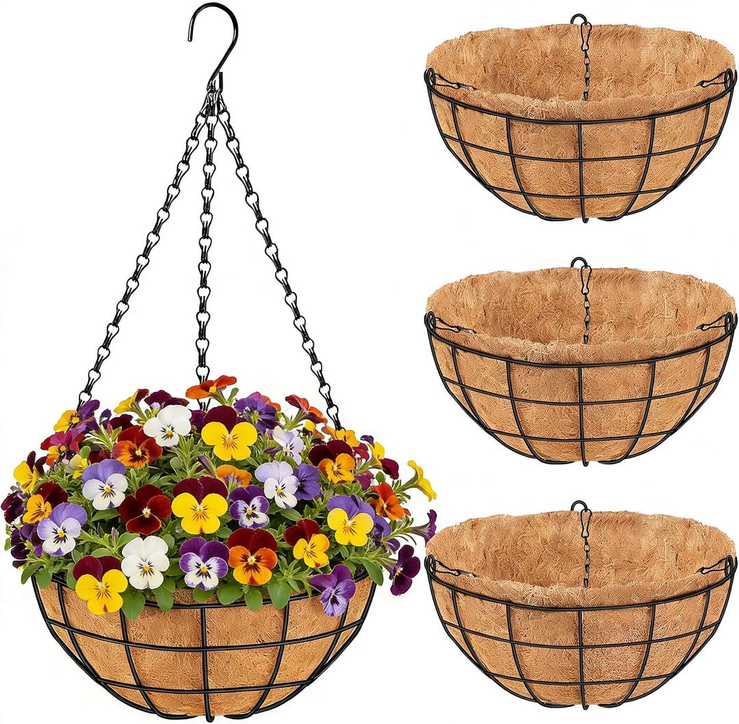 14 Inch Hanging Baskets for Plants Outdoor, 4 Pack Metal Round Wire Hanging Planters with Natural Thick Coco Liners, Garden Patio Decor for Flowers, Herbs, Succulents