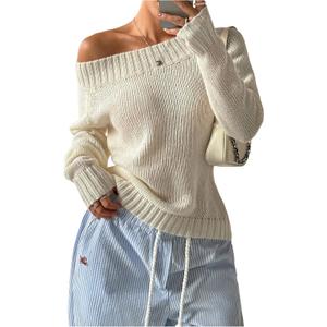 SOLY HUX Women's Off The Shoulder Long Sleeve Sweater Trendy Pullover Tops (White, S)