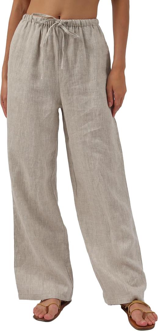 Amazhiyu Womens Pure Linen Summer Drawstring Flowy Wide Leg Pants with Pockets (X-Large, Flax)