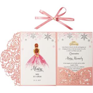 50PCS Pink Customized Quinceanera Invitation Cards with Envelopes 5x7.3 Inch Laser Cut Hollow Rose Pocket with Ribbon invitations for Quincenera Birthday Invite (50PCS Personalized printed)