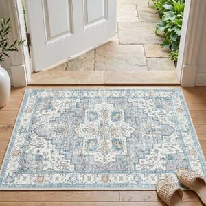 jinchan Oriental 2x3 Rug for Entryway - Machine Washable Non-Slip Doormat Ultra-Thin Low-Pile Small Vintage Floral Distressed Accent Rug for Entrance Bedroom Kitchen Bathroom (2x3ft, Grey/Blue)