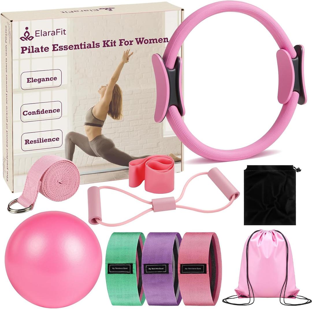 Home Pilates Kit for Women Pilates Equipment Ring and Ball Set Magic Circle Hoop with 5 Resistance Bands Compact Toning Fitness Essentials Starter Set Accessories (Pink)