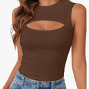 Vrtige Women's Sexy Cut Out Tank Crewneck Ribbed Knit Sleeveless Slim Fit Top Shirt, Size L 