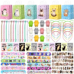 Cat Party Favors, Cute 132 Pcs Cat Themed Birthday Party Decorations with Goodie Bags Stuffer Pencil Headband Mini Notebook Slap Bracelet Squishy Toy Stickers for Kids, Fun Gifts for Girls