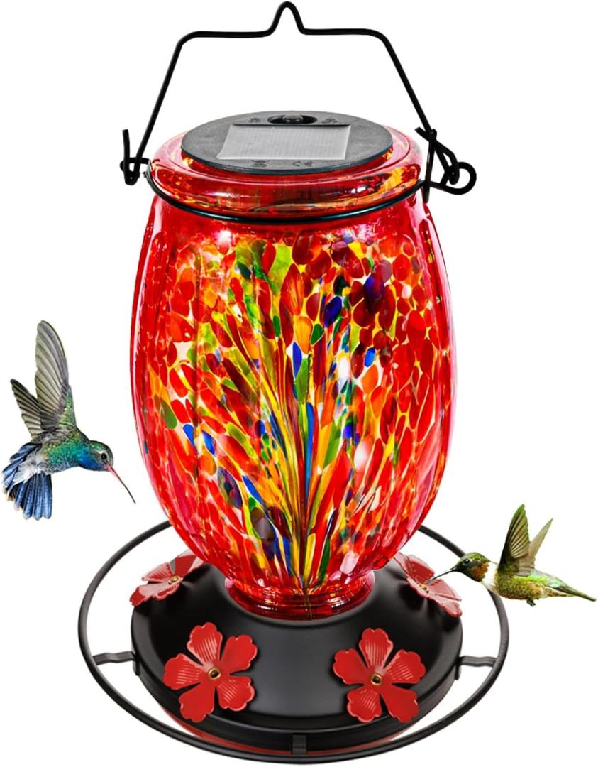 Solar Hummingbird Feeder for Outdoors Hanging Patio Designed 32 Ounces Colorful Hand Blown Glass Hummingbird Feeder 5 Feeding Ports with Perch Never Leak (Red)