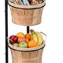 FoldTier 4 Tier Retail Display Stand with Wheels, Round Wooden Baskets with Handles, Handcrafted Vintage Style Storage Rack for Farmers Market Display, Bread, Snacks, Wood Fruit Baskets Stand(57.5"h)