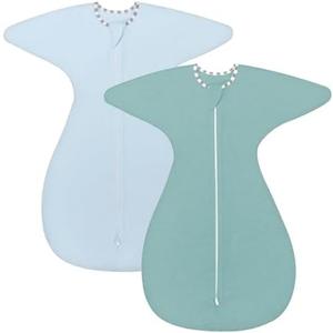 ZIGJOY Shark-Fin Transition Swaddle - 0.5 Tog Rayon Made from Bamboo Sleep Sack Soft Transitional Swaddle Baby Wearable Blanket with 2-Way Zipper, Green&Blue, 6-12 Months Size L