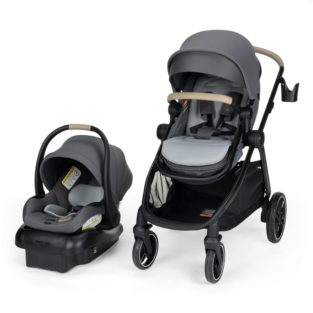 Maxi-Cosi Zelia Pro 5-in-1 Travel System with Mico Pro Infant Car Seat, Baby Stroller Combo, Reversible Seat, Large Wheels, Adjustable Handle, Newborn to Toddler, Lightweight, Sea Salt, Manufacture date: 2025-09-05