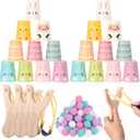 Hollowfly Easter Games Stacking Cups Set with 50 Bunny Egg Cup 3 Wooden Catapults 24 Foam Balls for Easter Party Favor Supplies Fun Holiday Activity Carnival Prize Family Indoor Outdoor Party Game