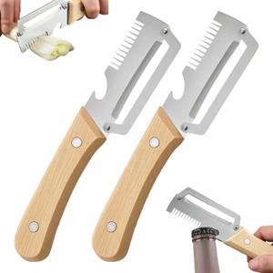2PCS Multifunctional Vegetable Peeler, Zero Snag Wooden Peeler with Bottle Opener, Stainless Steel Kitchen Tool for Fruit Veggie Potato Pumpkin Papaya Zucchini