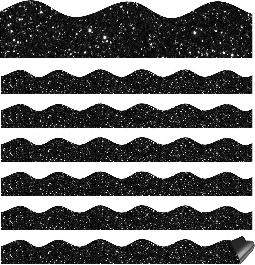 Qeeenar 24 Pcs Black Glitter Magnetic Bulletin Board Borders for Classroom Whiteboard Chalkboard Shine Strips Trim Scalloped School Bulletin Board Decorations