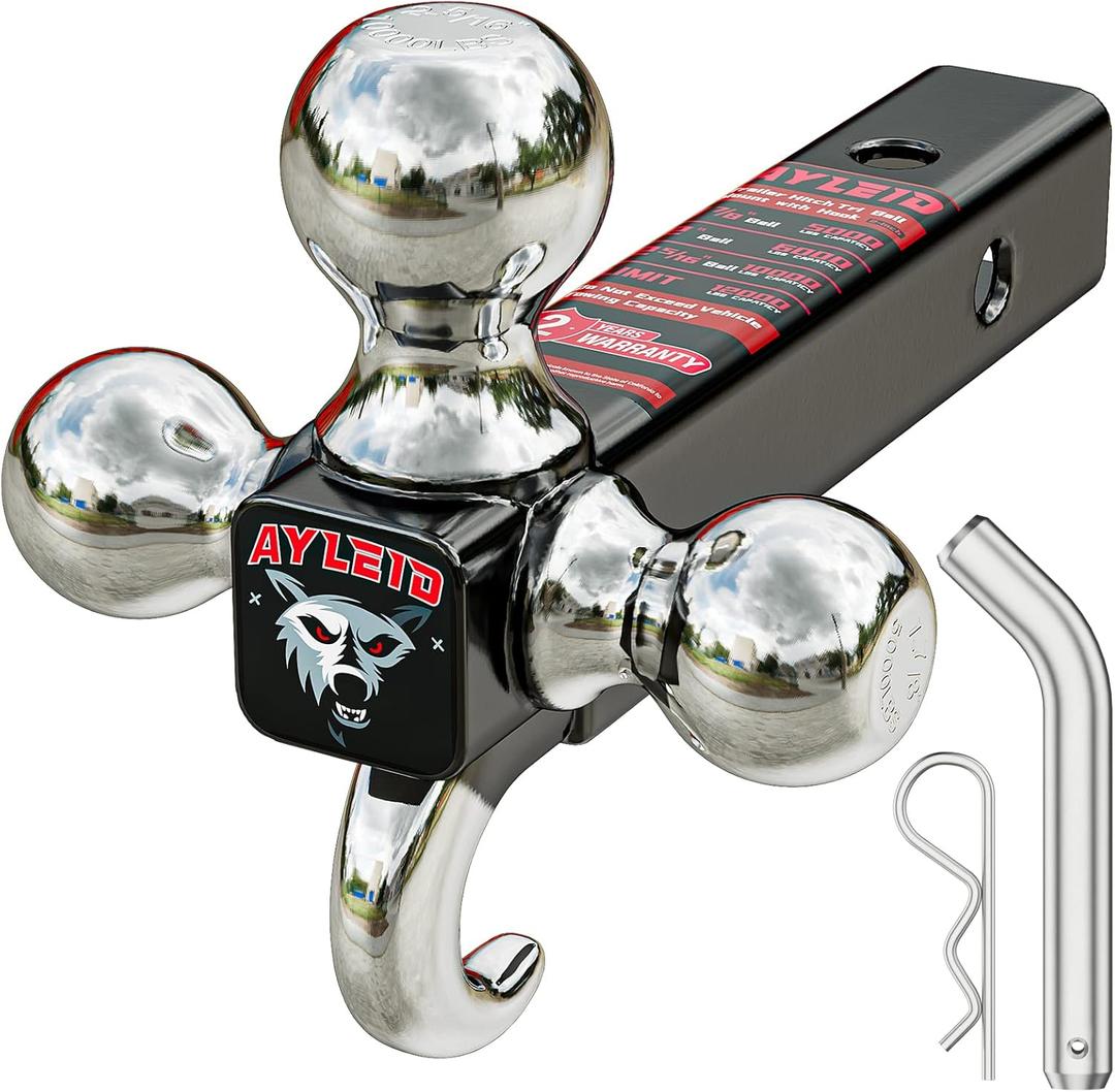 Ayleid Trailer Hitch Tri-Ball Mount with Hook & Pin Balls Sized 1-7/8 , 2 & 2-5/16 inches , Tow Hitch , Silver