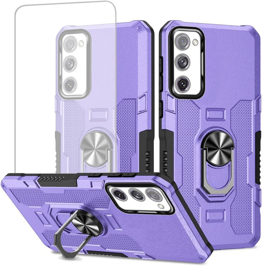 Case for Galaxy S20 FE 5G Case, Samsung S20 FE SM-G781U Case with Tempered Glass Screen Protector, Heavy Duty Metal Ring Magnetic Kickstand Phone Cover for Samsung Galaxy S20 FE 5G Purple