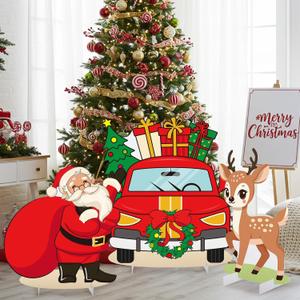 Soulchen 3 Pcs 35.4 Inch Large Christmas Photo Booth Props Santa Claus Reindeer Xmas Bus Backdrop Cardboard Cutout Christmas Party Decorations for Winter New Year Holiday Party Supplies