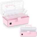 ARJudy 13in 3-Layer Adjustable Craft Organizer with Dividers - Portable Multipurpose Storage Box for Art Supplies, Sewing Kits, Medicine, and Home Utility, Foldable Clear Plastic Design with Handles (Pink)