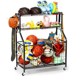 Kinghouse Sport Equipment Organizer for Garage, Steel Basketball Rack with Baseball Bat Holder and Hooks, Easy Assembly Storage for Balls, Kids' Toys, and Workout Gear in Basement, Home Gym, Outdoor