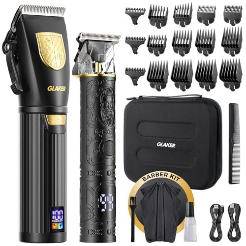 GLAKER Hair Clippers for Men,Professional Mens Hair Clippers Cordless Clippers for Hair Cutting,Precision Trimmer Kit Zero Gap Trimmer with LED Display 15 Guide Combs (Black+Gold)