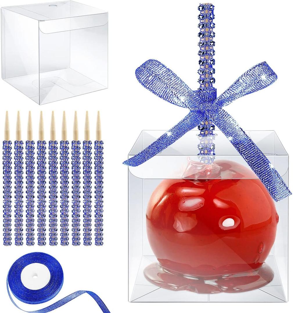 MGWOTH Candy Apple Boxes with Bling Stick Hole Set,20 Pack Caramel Apple Wrapping Kit with Clear Containers & Rhinestone Bamboo Skewers & Glitter Ribbons,Top for Cake Pop Chocolate Treat Christmas (Royal Blue)