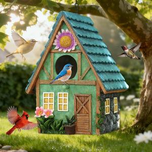 Bird Houses for Outside Cottage-Style Hanging Birdhouse with Flower Accents Hand-Painted Resin Decorative Birdhouses for Outdoors for Bluebird Finches Cardinals Bird Nesting Garden, Patio, Yard
