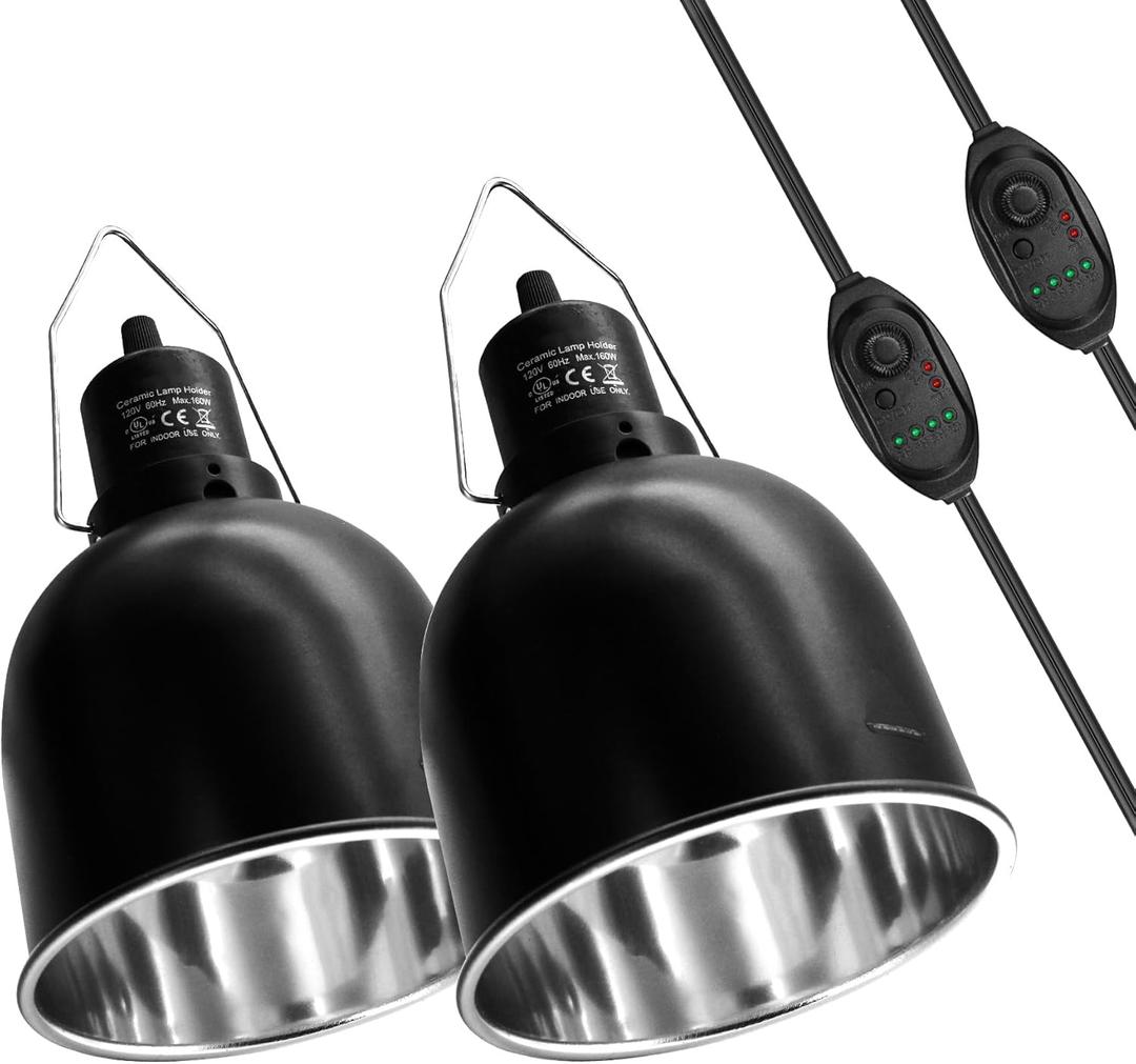 Reptile Light Fixture with Dimming Switch and Timer, 5.5 Inch Deep Dome Reptile Heat Lamp Fixture, Reptile Lamp Fixture Cap for UVB Bulb Basking Heat Bulb for Reptile Glass Terrariums, 2PCS