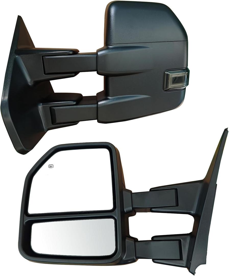 Tow Mirrors Compatible with 2004-2014 Ford F150 F-150 Pickup Truck, Extended Trailer Towing Side Mirrors with LED Puddle Light, Smoked LED Turn Signal, Power Heated Adjustable, Black Housing