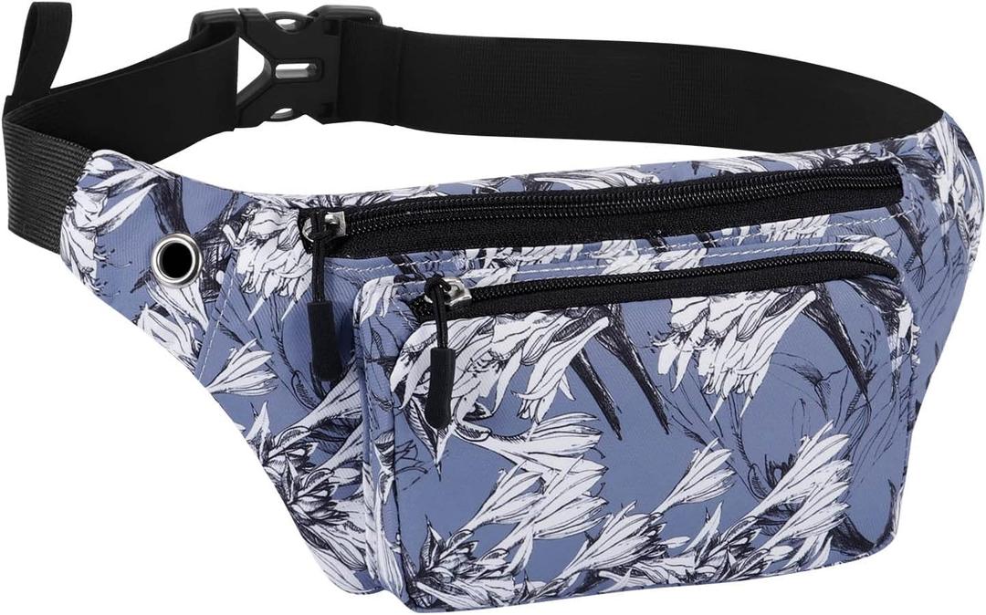 KAMO Fanny Pack, Waist Bag Sling Backpack Water Resistant Durable Polyester Small Waist Bag (A-Grey - leaves)